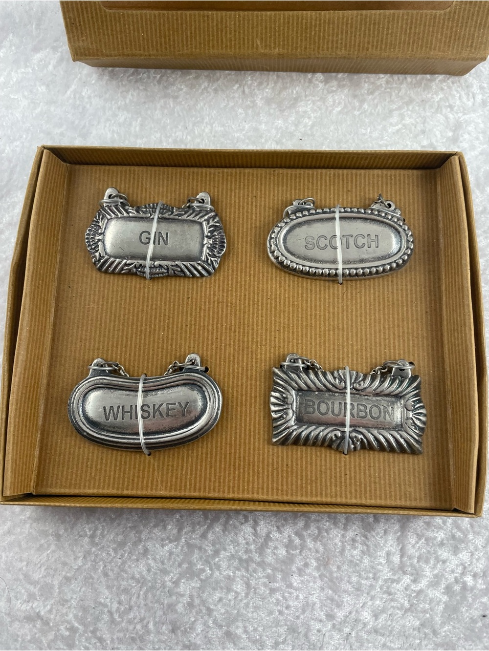 Set of 4 Pottery Barn Decanter Chain Tags Gin, Scotch, Whiskey, Bourbon
